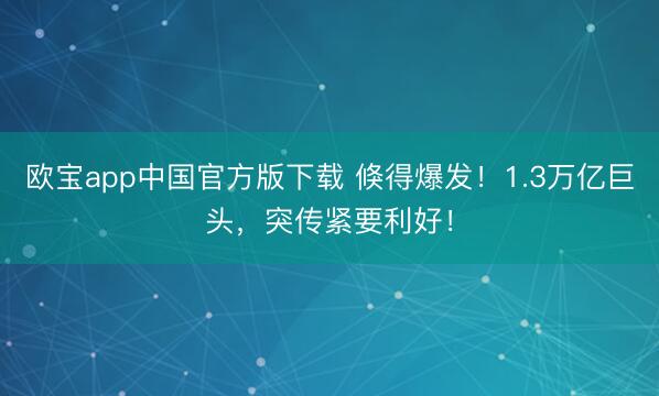 欧宝app中国官方版下载 倏得爆发！1.3万亿巨头，突传紧要利好！